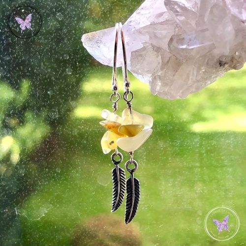 Yellow Opal Silver Feather Earrings